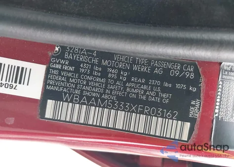 1999 BMW 328 I Automatic z USA, uszkodzony, nr VIN WBAAM5333XFR03162